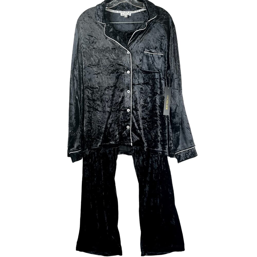 NWT Rachel Zoe crushed velvet notched collar pajama set in black, size 3X